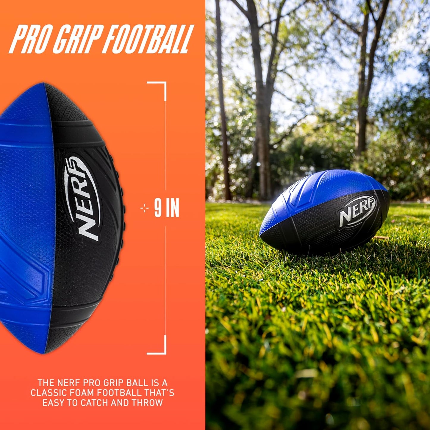 Nerf Pro Grip Football Blue Classic Foam Ball Easy to Catch Throw Balls for Sports